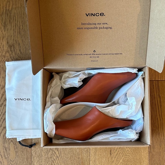 Vince Leather Benita Square Toe Slip On Clog Wedge Heel Pumps (Rust Amber) - Picture 5 of 16